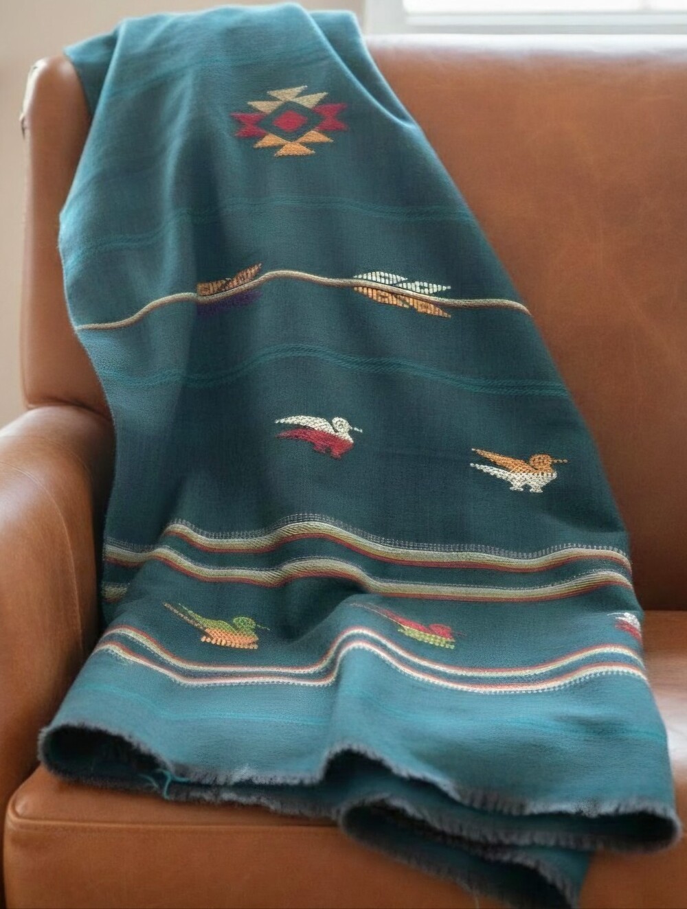 Guatemalan Teal Green Woven Tablecloth Quetzal Birds Colorful Stripes Southwest